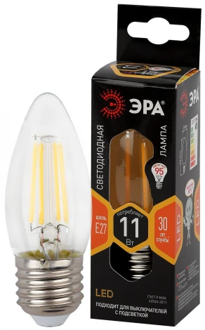 Лампочка светодиодная филаментная E27 11W ЭРА F-LED B35-11w-827-E27