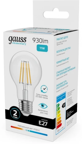 Лампочка светодиодная филаментная Gauss Filament Elementary 22221 А60 11W 930lm 4100К Е27 LED