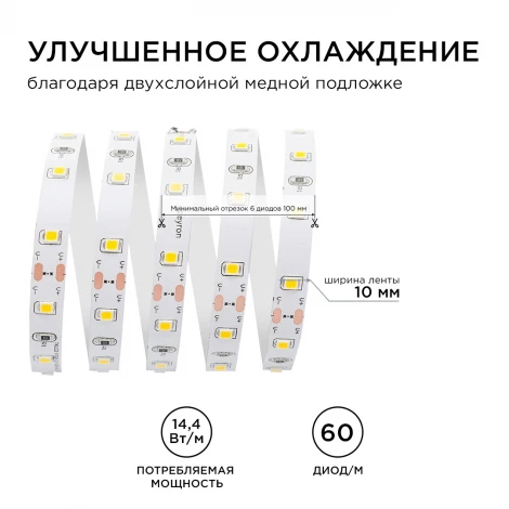 Светодиодная лента 24В 14,4Вт/м SMD5050 60д/м IP20, 800Лм/м ширина подложки 10мм, 5м 4000К Apeyron 00-339