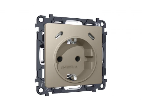 Комплект механизма электрической розетки с заземлением с 2хUSB Type-C встраиваемый (серо-бежевый матовый) Ambrella Volt QUANT MA370510