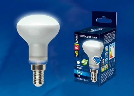 Лампочка светодиодная груша белая E14 6W 4000K Uniel LED-R50-6W/NW/E14/FR PLS02WH