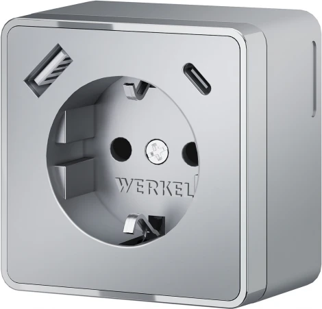 Розетка с заземлением,шторками и USB Type A+С (серебряный) Werkel W5071706 (a057701)