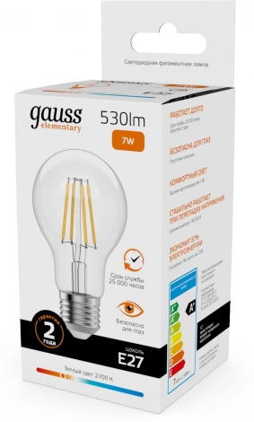 Лампочка светодиодная филаментная Gauss Filament Elementary 22217 А60 7W 530lm 2700К Е27 LED