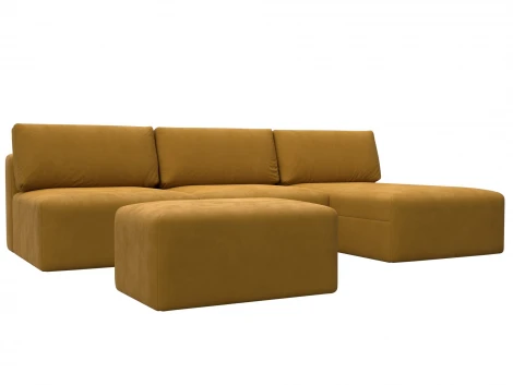 Диван угловой модульный с пуфом Лига-060 НПБ Лонг угол универсальный (ЛДСП,Брус,Фанера/Пластик/Велюр/Желтый) Лига Диванов 129526