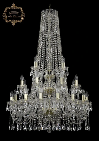 Подвесная большая люстра Art Classic 11.12 11.12.16+8+4.300.3d.h-130.Gd.Sp (220V, хрусталь, на цепи, подсвечник, свеча)