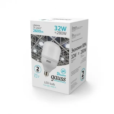 Лампочка светодиодная E27 32W 220V цилиндр белая 4000K Gauss 63223