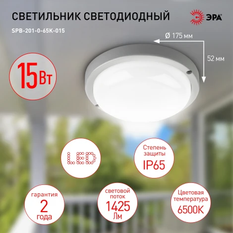 Настенно-потолочный светильник светодиодный ЭРА SPB-201-0-65K-015 (220V, круглые, IP65)