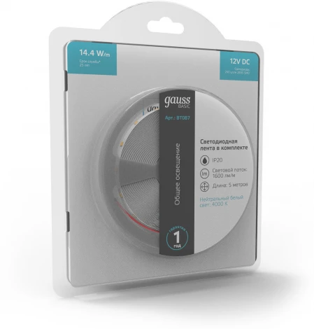 Светодиодная лента Gauss Basic BT087 LED 2835/240 12V 14,4W/m 1600lm/m 4000K 10mm IP20 5m