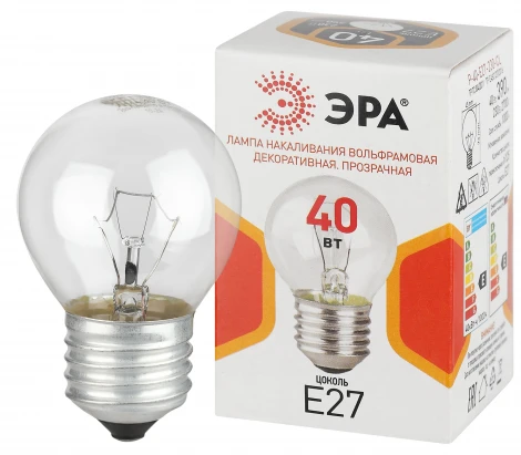 Лампочка накаливания E27 40 Вт ЭРА P45 P-40-E27-230-CL