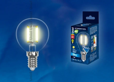 Лампочка светодиодная груша прозрачная E14 6W 3000K Uniel LED-G45-6W/WW/E14/CL PLS02WH