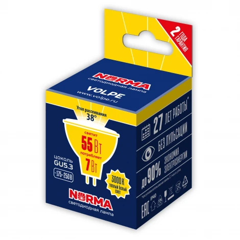 Лампа светодиодная, форма "JCDR", матовая, теплый белый свет 3000K Volpe Norma LED-JCDR-7W/3000K/GU5.3/38D/NR