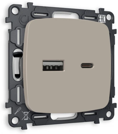 Комплект механизма Ambrella Volt розетки OMEGA MO371010 Серо-бежевый матовый 2USB A+C 20W быстрая зарядка QUANT