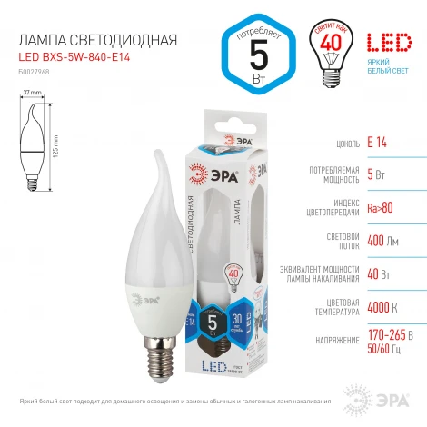 Лампочка светодиодная E14 5W ЭРА LED BXS-5W-840-E14