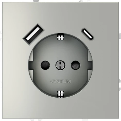 Розетка с заземлением, шторками и USB Type A+С (сталь) Voltum S70 VLS040505