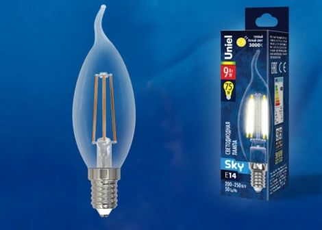 Лампочка светодиодная свеча на ветру прозрачная E14 9W 3000K Uniel LED-CW35-9W/3000K/E14/CL PLS02WH