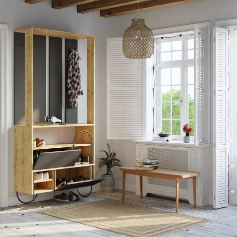 Обувница с вешалкой для одежды NORFOLK HALL STAND LEVE (ЛДСП,Металл/Черный,Дуб) арт.LEV00776