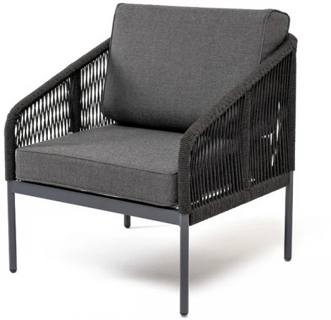 "Канны" кресло плетеное из роупа, каркас алюминий темно-серый (RAL7024) муар, роуп темно-серый круглый, ткань темно-серая 027 4SIS арт.УТ-00006613