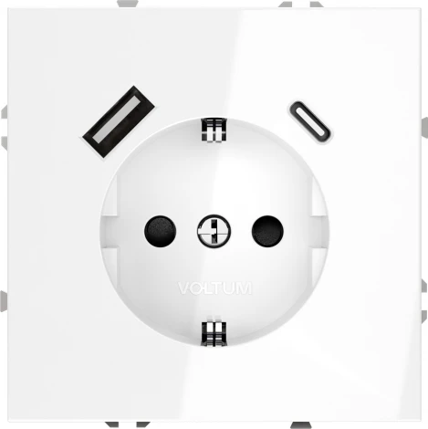 Розетка с заземлением, шторками и USB Type A+С (белый глянцевый) Voltum S70 VLS040501