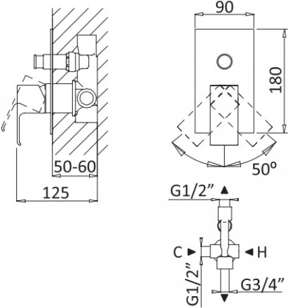 Смеситель Cezares Porta VDIM BIO С ВНУТРЕННЕЙ ЧАСТЬЮ, для душа