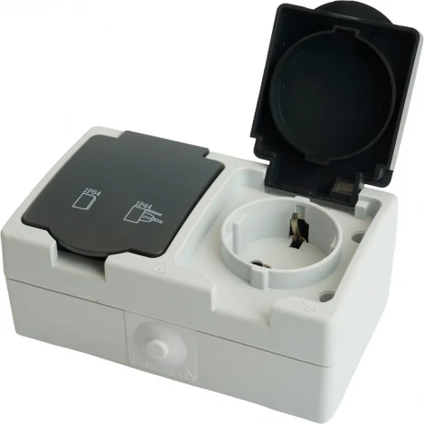 Розетка двойная с заземлением и защитной крышкой (серый,графит) Stekker Велена 32754