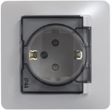 Розетка встраиваемая с заземлением, шторками и крышкой (перламутровый) IP44 Systeme Electric Glossa GSL000648