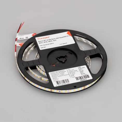 Светодиодная лента RT-A128-8mm 24V Day4000 (9.6 W/m, IP20, 2835, 5m) (Arlight, высок.эфф.150 лм/Вт) 036211 RT открытая
