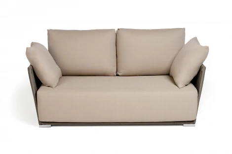 "Форли" диван 2-местный плетеный из роупа, каркас алюминий светло-серый (RAL7035) муар, роуп серо-коричневый 23мм, ткань Mossle бежевая 4SIS арт.УТ-00010131