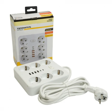 Удлинитель 6-и местный 4хUSB Type-A + 2хUSB Type-C 3 метра (белый) Stekker Home plus 49982