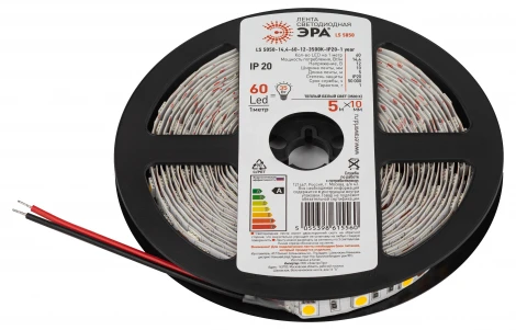 Светодиодная лента 12V 5м белый теплый ЭРА LS5050-14,4-60-12-3500K-IP20-1 year-5m