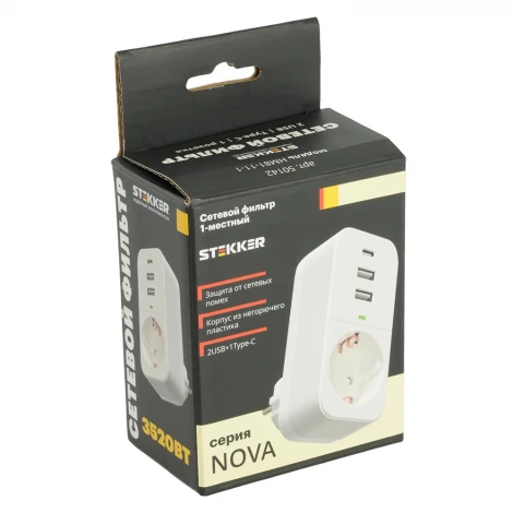 Сетевой фильтр одноместный с заземлением 2хUSB Type A+C (белый) Stekker Nova 50142