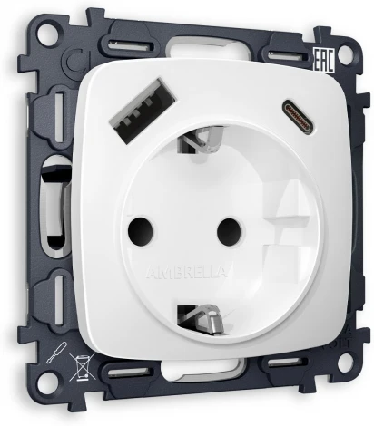 Комплект механизма Ambrella Volt электрической розетки OMEGA MO130010 Белый матовый 2USB A+C 20W быстрая зарядка с заземлением со шторками 2P+E 16A-250V QUANT