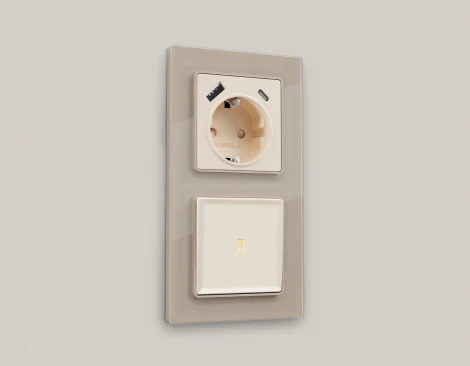 Комплект механизма Ambrella Volt электрической розетки ALFA MA330010 Бежевый матовый 2USB A+C 20W быстрая зарядка с заземлением со шторками 2P+E 16A-250V QUANT