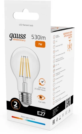 Лампочка светодиодная филаментная Gauss Filament Elementary 22217 А60 7W 530lm 2700К Е27 LED