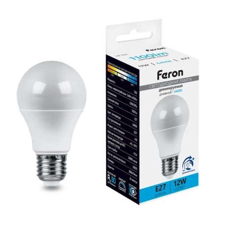 Лампа светодиодная A60 шар диммируемая 12W 230V E27 6400К Feron LB-931 51054