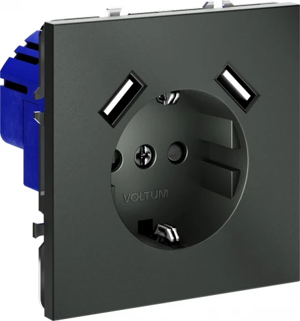 Розетка с заземлением, шторками и USBх2 (титан) Voltum S70 VLS040406
