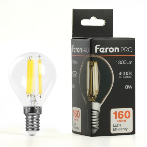 Лампа светодиодная филамент G45 шар 8W 175-265V E14 4000К Feron LB-1708 51260