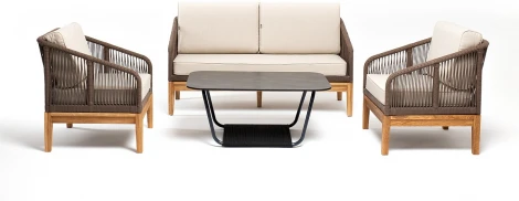 "Канны" лаунж-зона 4-местная из роупа со столом "Гранада" (серый гранит), основание дуб, роуп коричневый, ткань бежевая 4SIS арт.УТ-00004762