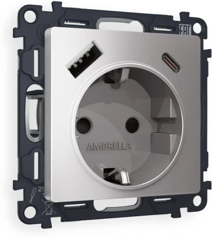 Комплект механизма Ambrella Volt электрической розетки ALFA MA510010 Сталь матовый 2USB A+C 20W быстрая зарядка с заземлением и шторками 2P+E 16A-250V QUANT
