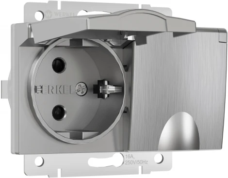 Розетка двойная влагозащ. с зазем. с защит. крышками и шторками (серебряный рифленый) Werkel W1172209 (a057288)