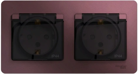 Розетка встраиваемая двойная с заземлением, шторками и крышкой (баклажановый) IP44 Systeme Electric Glossa GSL001147