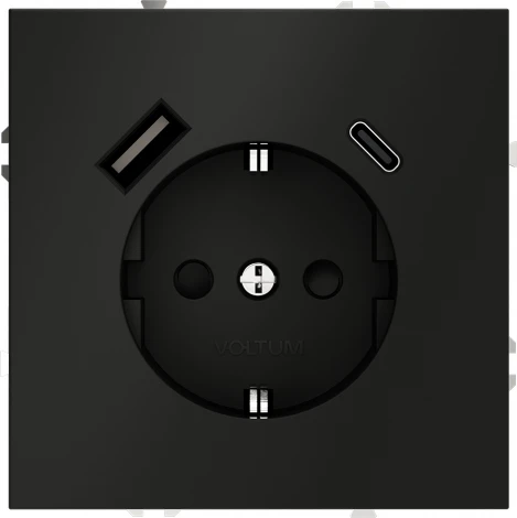 Розетка с заземлением, шторками и USB Type A+С (черный матовый) Voltum S70 VLS040508