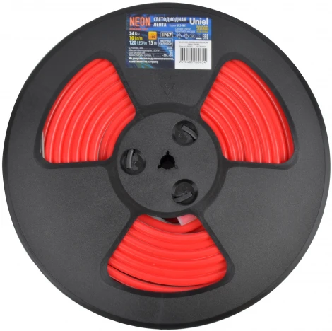 Светодиодная гибкая герметичная лента Neon 15 м. Neon ULS-N11-2835-120LED/m-8mm-IP67-DC24V-10W/m-15M-RED катушка в герметичной упаковке