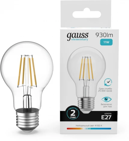 Лампочка светодиодная филаментная Gauss Filament Elementary 22221 А60 11W 930lm 4100К Е27 LED
