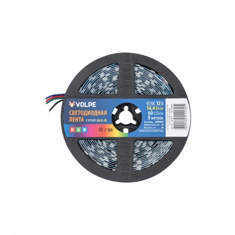 Светодиодная лента Volpe ULS-Q221 5050-60LED/m-10mm-IP20-DC12V-14,4W/m-5M-RGB катушка в герметичной упаковке