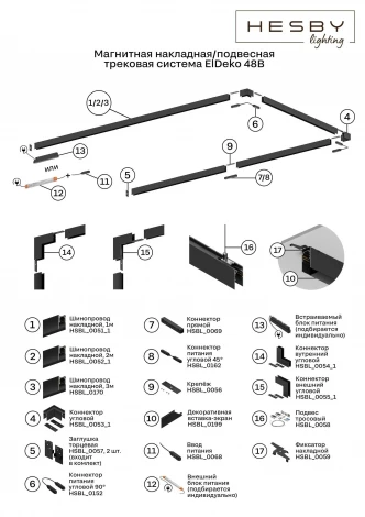 Шинопровод магнитный накладной 48В 2м, черный Hesby Lighting ElDeko HSBL_0052_1