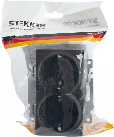 Розетка двойная с заземлением и шторками (черный) Stekker Катрин 39612