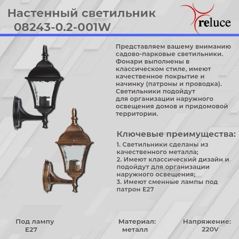Настенный фонарь уличный Reluce 08243-0.2-001W BKG (220V, фонарь, IP44)