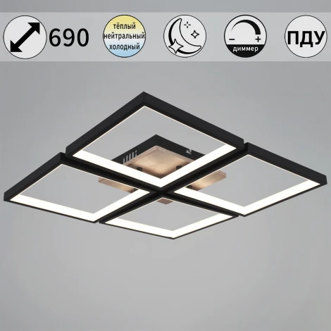 Потолочная люстра светодиодная на штанге с пультом с регулировкой цветовой температуры, яркости и ночным режимом Reluce 78560-0.3-04 BK+WOOD