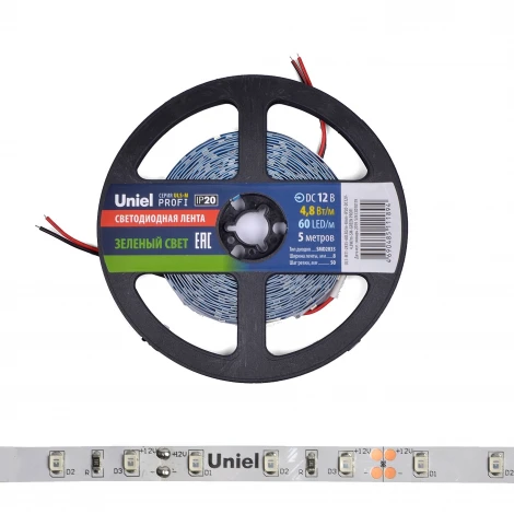 Светодиодная лента Uniel ULS-M11-2835-60LED/m-8mm-IP20-DC12V-4,8W/m-5M-GREEN PROFI катушка в герметичной упаковке