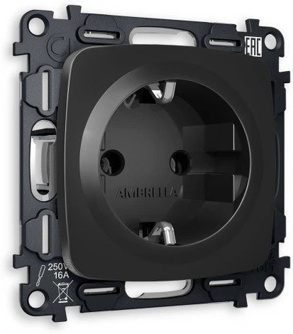 Комплект механизма Ambrella Volt электрической розетки OMEGA MO806010 Черный матовый с заземлением на винтовых зажимах 2P+E 16A-250V QUANT